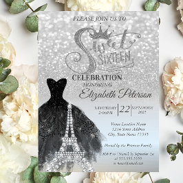 Silver Bokeh Black Dress Eiffel Tower Sweet 16 Kaart