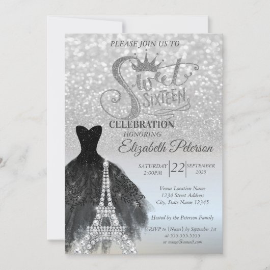 Silver Bokeh Black Dress Eiffel Tower Sweet 16 Kaart (Voorkant)