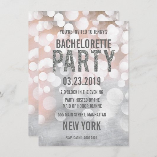 Silver Bokeh Glitter Bachelorette Party Invite Kaart (Voorkant / Achterkant)