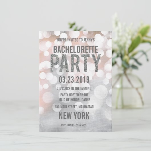 Silver Bokeh Glitter Bachelorette Party Invite Kaart (Staand voorkant)