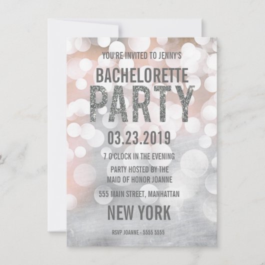 Silver Bokeh Glitter Bachelorette Party Invite Kaart (Voorkant)