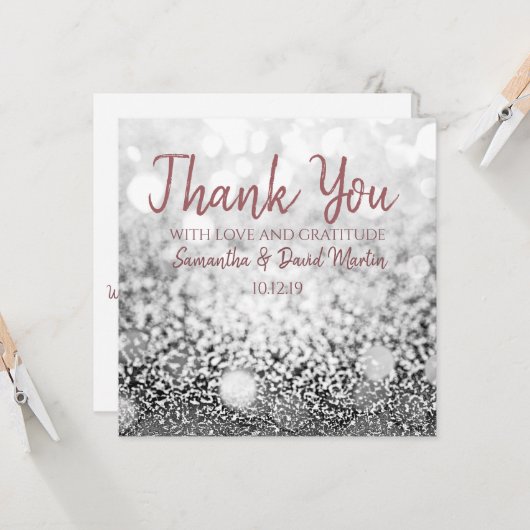 Silver Bokeh Glitter Wedding Hartelijk dank Kaart (Voorkant / Achterkant in situ)