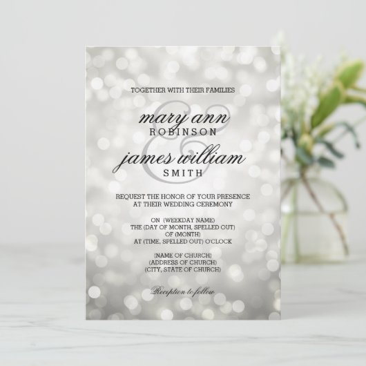 Silver Bokeh Lights Elegant Wedding Kaart (Staand voorkant)