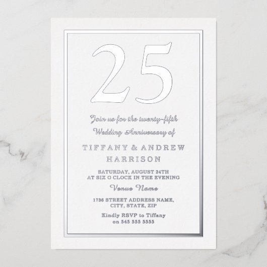 Silver Border 25th Wedding Jubileum Silver Folie Uitnodiging (Voorkant)