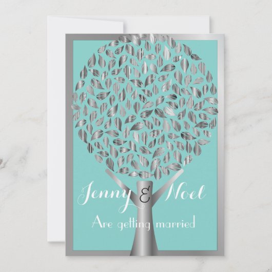 Silver Border and Tree Blue Wedding Invitation Kaart (Voorkant)