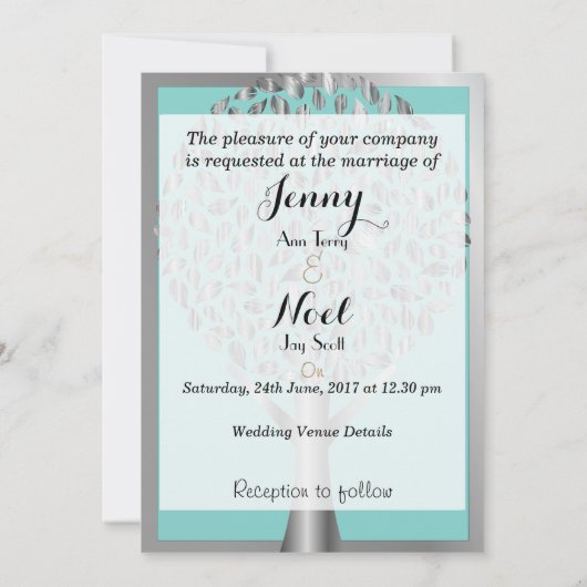 Silver Border and Tree Blue Wedding Invitation Kaart (Achterkant)