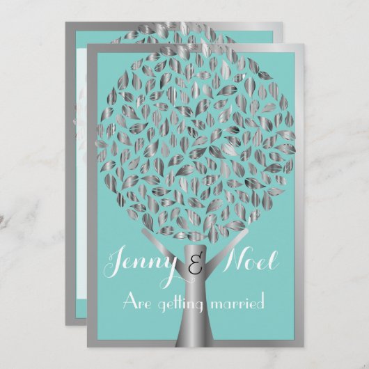 Silver Border and Tree Blue Wedding Invitation Kaart (Voorkant / Achterkant)