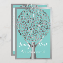 Silver Border and Tree Blue Wedding Invitation Kaart