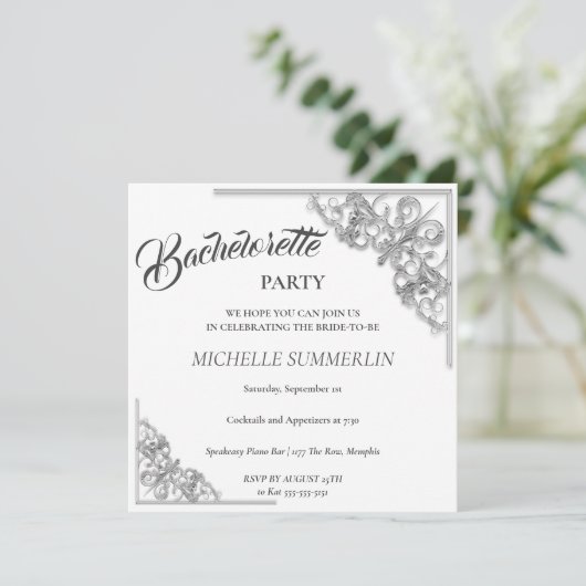 Silver Border Bachelorette Party Invitation Kaart (Staand voorkant)