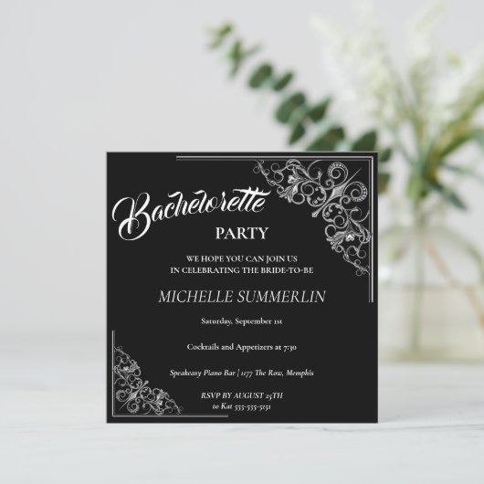 Silver Border Bachelorette Party Invitation Kaart (Staand voorkant)