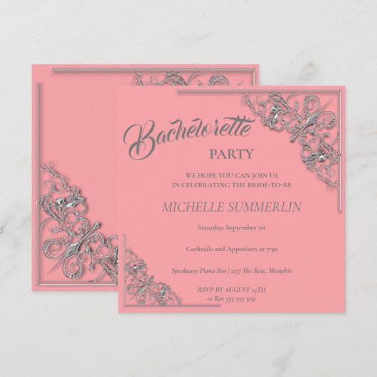 Silver Border Bachelorette Party Invitation Kaart (Voorkant / Achterkant)