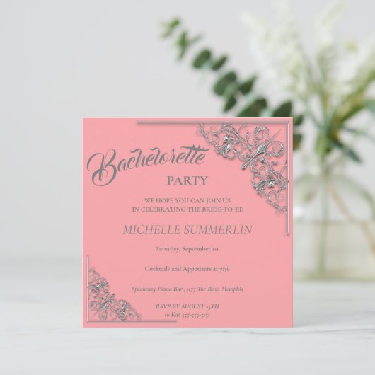 Silver Border Bachelorette Party Invitation Kaart (Staand voorkant)