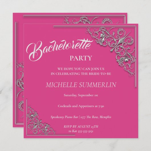 Silver Border Bachelorette Party Invitation Kaart (Voorkant / Achterkant)