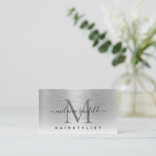Silver Borhed Metal Elegant Monogram Modern Visitekaartje (Staand voorkant)