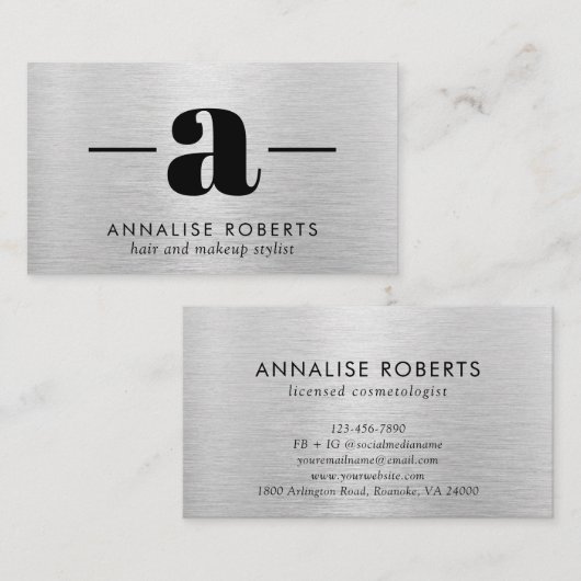 Silver Borhed Metal Letter A Monogram Hair Makeup Visitekaartje (Voorkant / Achterkant)