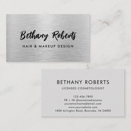 Silver Borhed Metal Modern Script Haar en Makeup Visitekaartje (Voorkant / Achterkant)