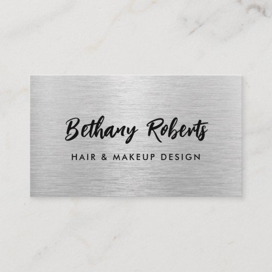 Silver Borhed Metal Modern Script Haar en Makeup Visitekaartje (Voorkant)