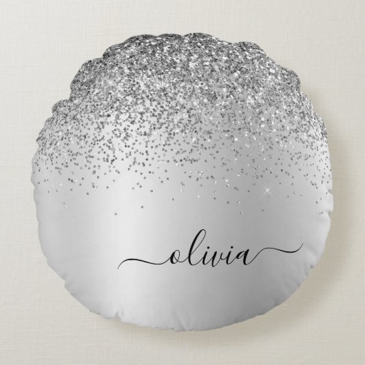 Silver Borhed Metal Monogram Name Girly Rond Kussen (Voorkant)