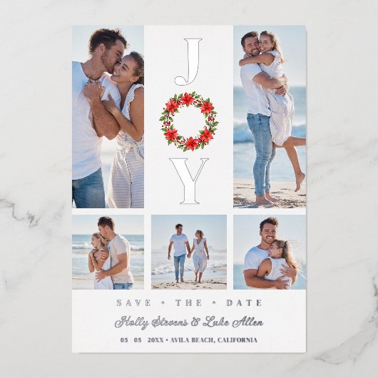 Silver Botanic Christmas Wreath Initials 5 Photos Folie Uitnodiging (Voorkant)