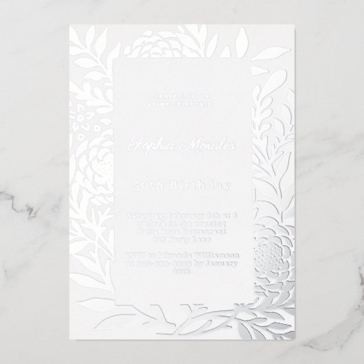 Silver botanical luxury winter birthday folie uitnodiging (Voorkant)