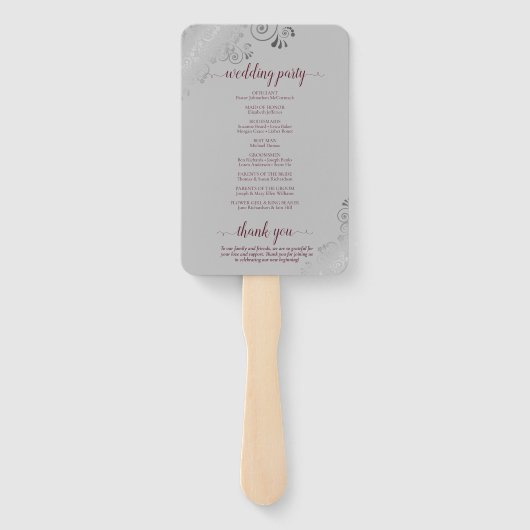Silver & Bourgondië op grijs huwelijksprogramma Handwaaier (Achterkant)