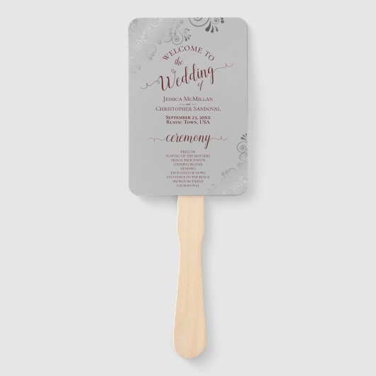 Silver & Bourgondië op grijs huwelijksprogramma Handwaaier (Voorkant)