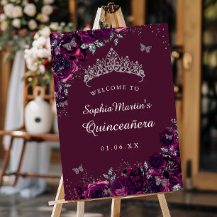 Silver Bourgondië Roos Quinceanera teken welkom Poster
