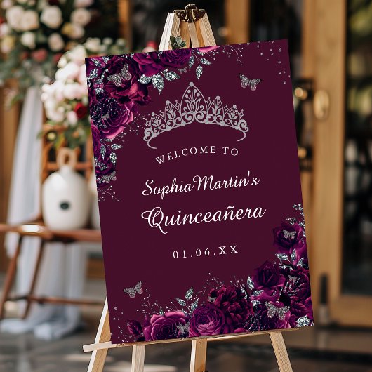 Silver Bourgondië Roos Quinceanera teken welkom Poster
