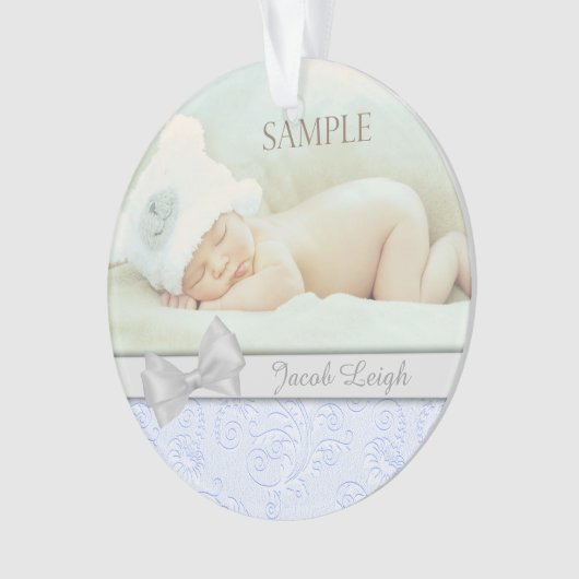 Silver Bow Blue Pastel Baby eerste kerstfoto Ornament (voorkant)