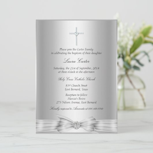 Silver Bow Cross Baptism/Christening Uitnodiging (Staand voorkant)