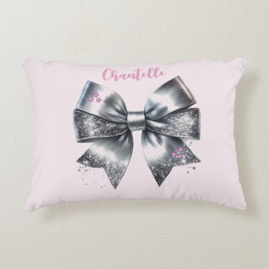 Silver Bow Faux Glitter gepersonaliseerd Accent Kussen (Voorkant)