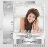 Silver Bow & Lace Quinceanera Birthday Uitnodiging (Voorkant / Achterkant)