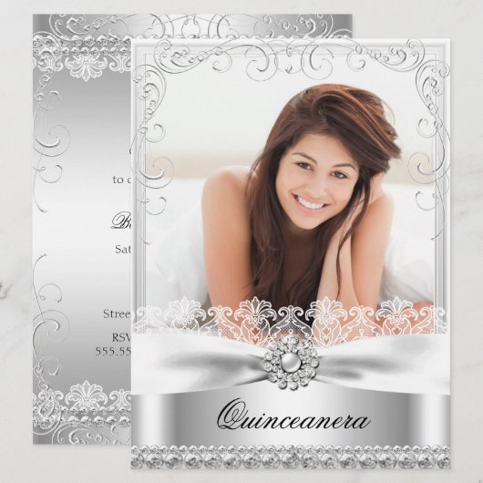 Silver Bow & Lace Quinceanera Birthday Uitnodiging (Voorkant / Achterkant)