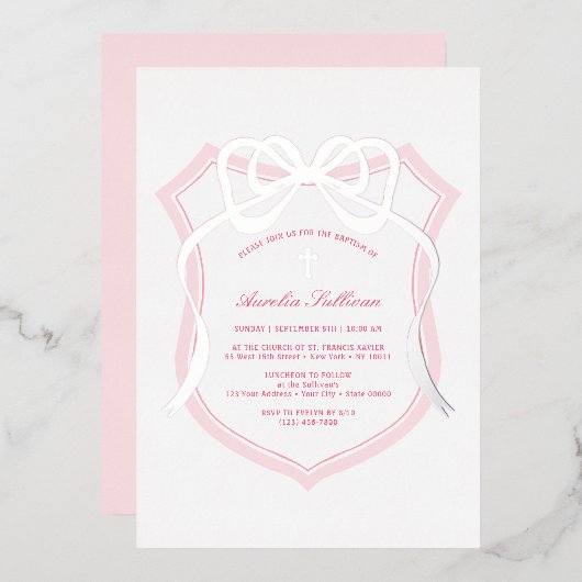 Silver Bow Pink Crest doop Folie Uitnodiging (Voorkant / Achterkant)