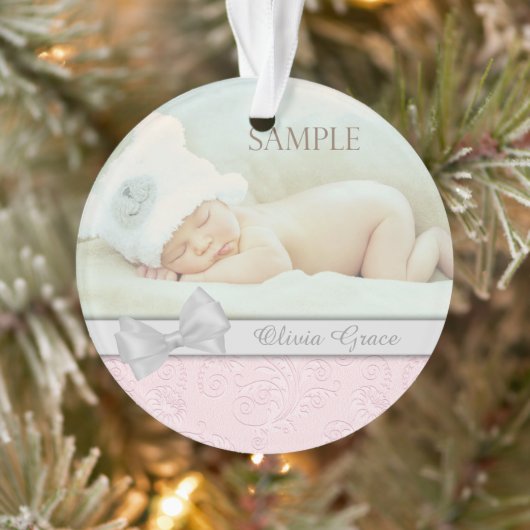 Silver Bow Pink Pastel Baby eerste kerstfoto Ornament (Boom)