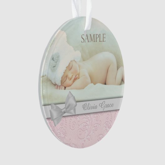 Silver Bow Pink Pastel Baby eerste kerstfoto Ornament (voorkant)