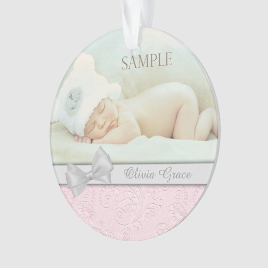 Silver Bow Pink Pastel Baby eerste kerstfoto Ornament (voorkant)