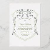 Silver Bow Sage Green Crest doop Folie Uitnodiging (Voorkant)