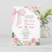 Silver Bow Sage Pink Coquette Floral Quinceanera Kaart (Staand voorkant)