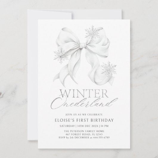 Silver Bow Winter Onederland 1st Birthday Kaart (Voorkant)