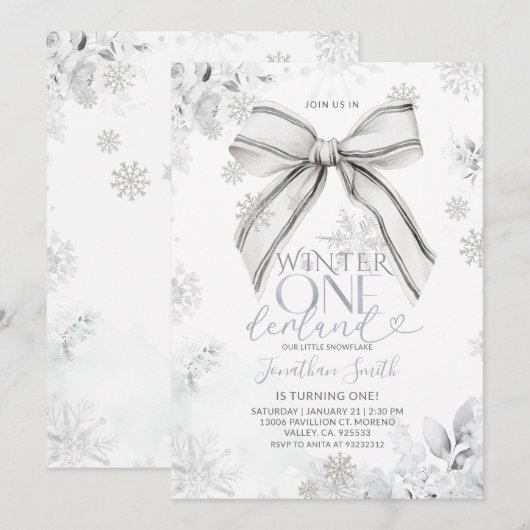 Silver Bow Winter Onederland Snowfall 1st Birthday Kaart (Voorkant / Achterkant)