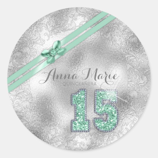 Silver Brocade Fiftiende verjaardag Mint Green ID3 Ronde Sticker (Voorkant)