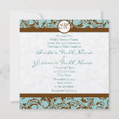 Silver Brown Damask Aqua Blue Wedding Invitation Kaart (Voorkant)