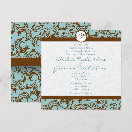 Silver Brown Damask Aqua Blue Wedding Invitation Kaart (Voorkant / Achterkant)