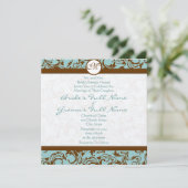 Silver Brown Damask Aqua Blue Wedding Invitation Kaart (Staand voorkant)