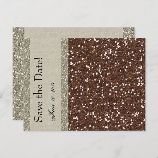 Silver Brown Glitter Linen Save the Date Aankondigingskaart (Voorkant / Achterkant)