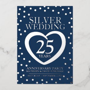 Silver bruiloft 25th party blue Silver Folie Uitnodiging