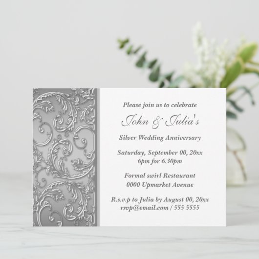 Silver bruiloft floral swirl kaart (Staand voorkant)