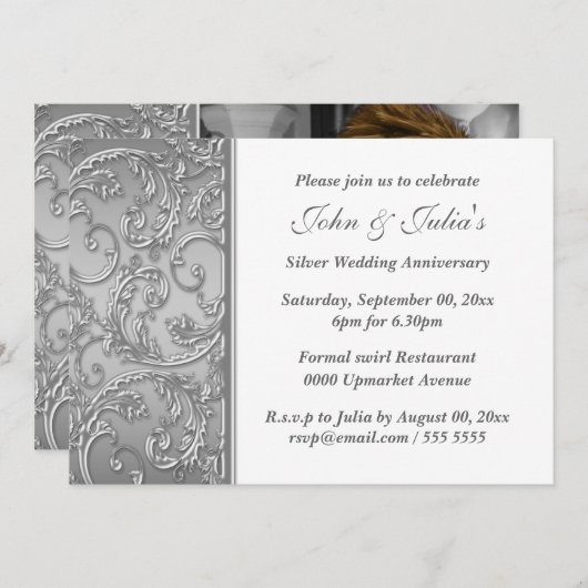 Silver bruiloft floral swirl kaart (Voorkant / Achterkant)