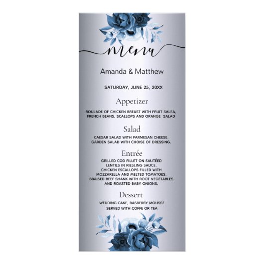 Silver bruiloft menu blauwe bloemalen elegant mode (Voorkant)